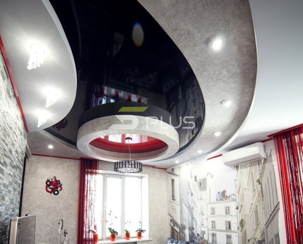 Креативный натяжной потолок в гостиной | Портфолио 5Plus | Киев ⋆ Днепр ⋆