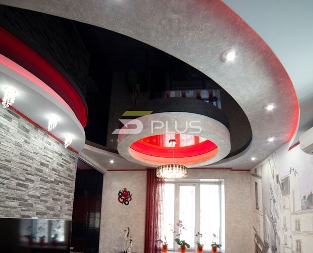 Креативный натяжной потолок в гостиной | Портфолио 5Plus | Киев ⋆ Днепр ⋆